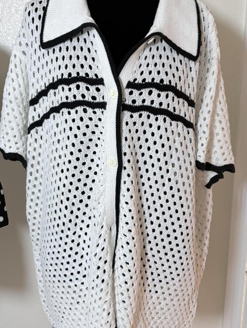 White Open Weave Crochet-Look Button-Down Top  Size XL